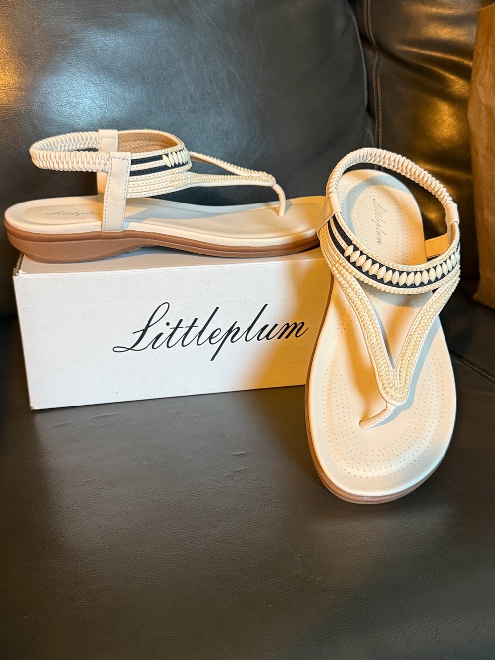 Women's Cream Beaded T-Strap Sandals